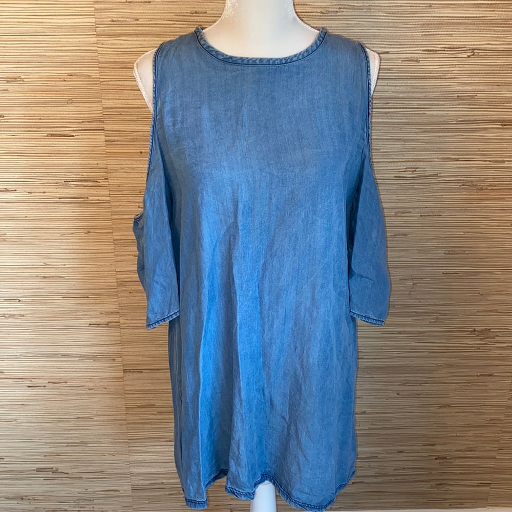 Blue Rain large 100% tencel denim dress peek a boo shoulders EUC!